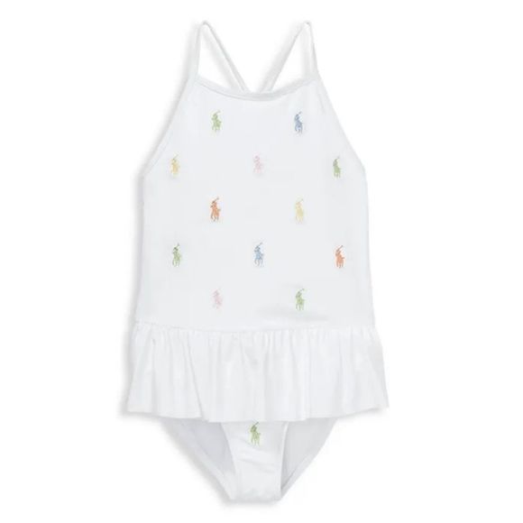 NWT POLO RALPH LAUREN GIRLS MULTICOLOR LOGO PEPLUM ONE PIECE SWIMSUIT $65 - Picture 1 of 2